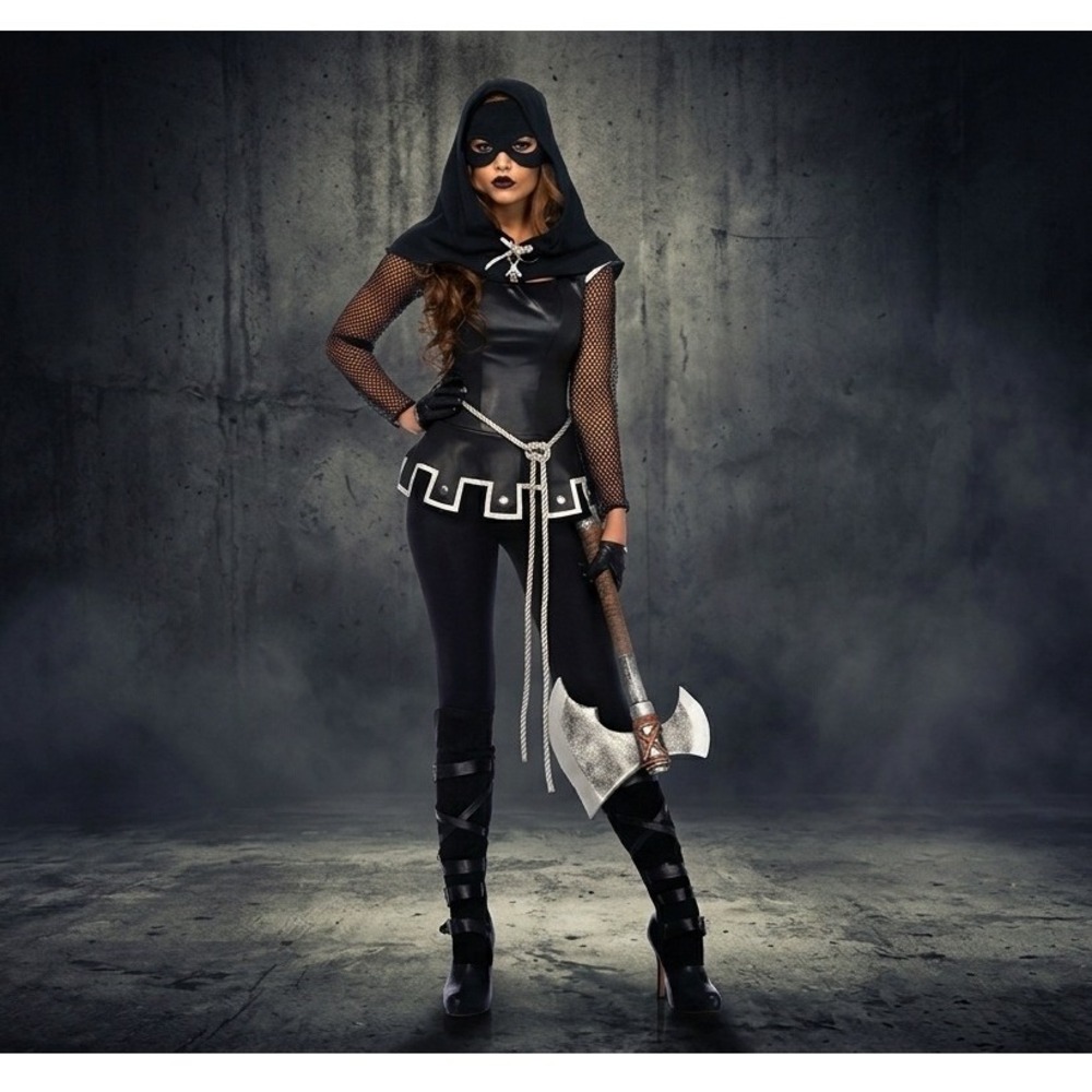 Grim Executioner Women Costume Leg Avenue Set Black Catsuit Hood Mask Womens L
